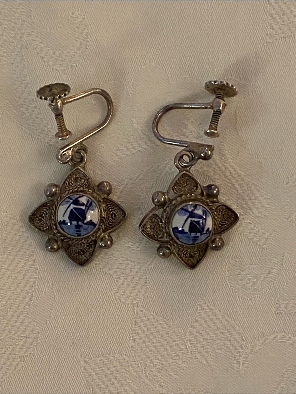 Dutch Delft Blue and Silver Filigree Drop Earrings (convertible)
